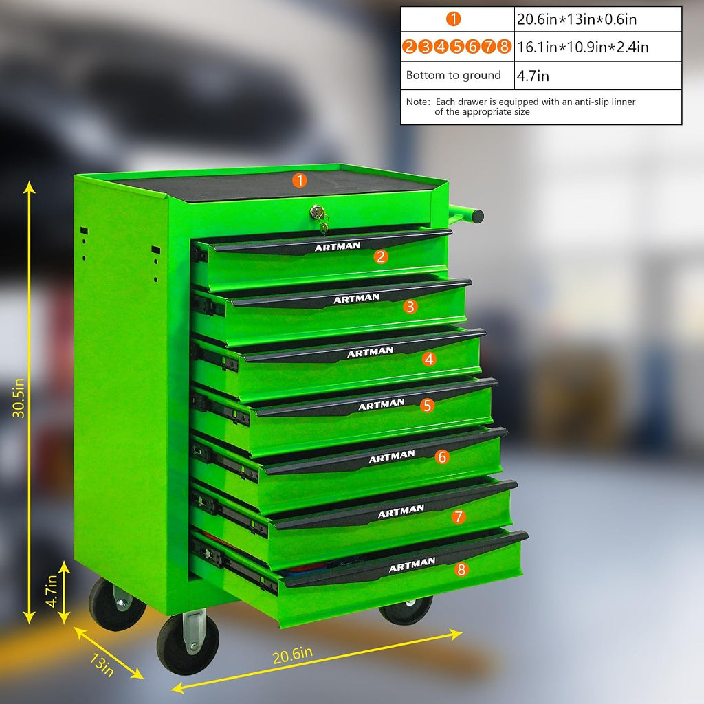 Rolling Metal Tool Chest with 7 Drawers – 20' Steel Tool Storage Box Organizer with Ball Bearing Slides & Lockable Mobile Cabinet on Wheels(Green)