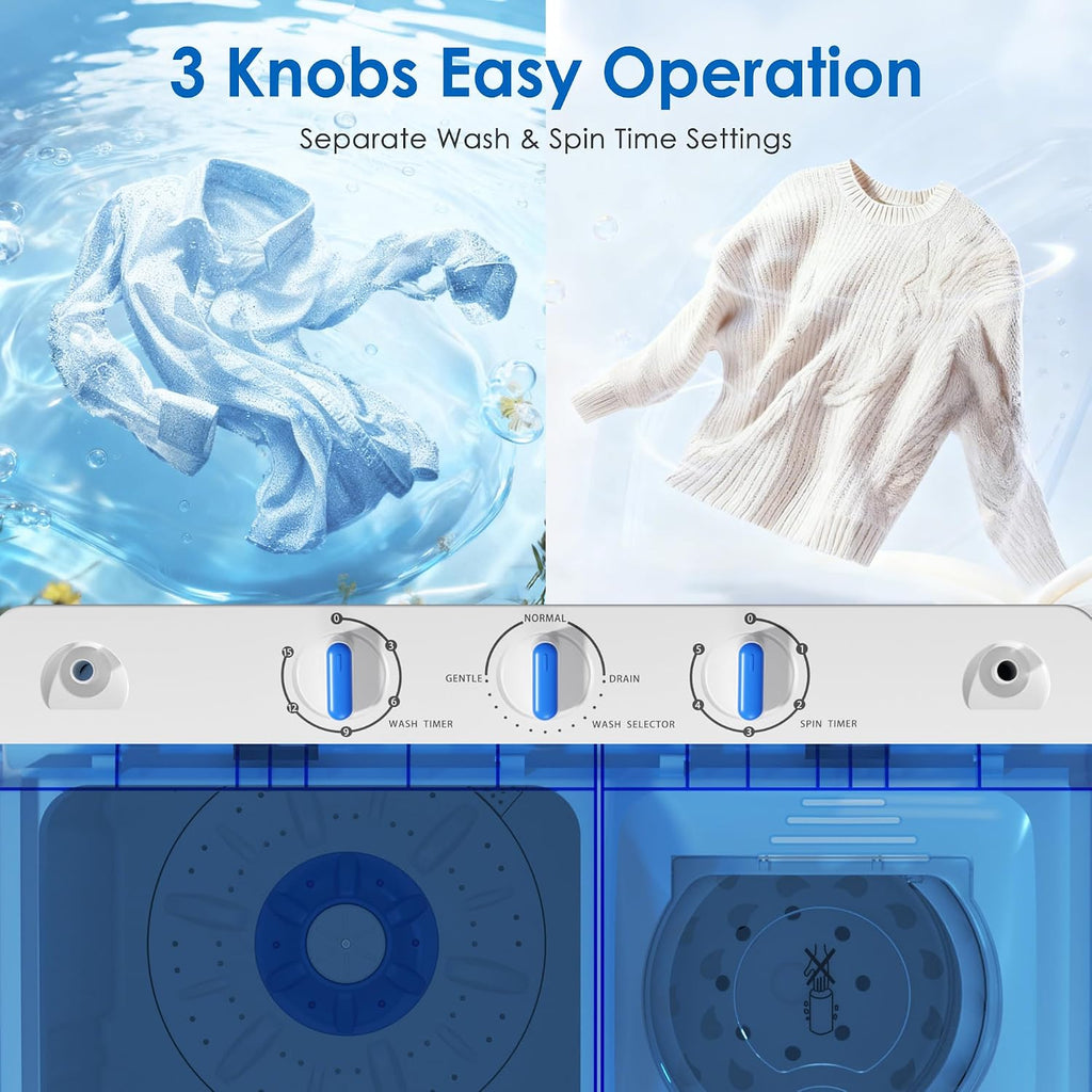 INTERGREAT Portable Washing Machine, 28lbs Compact Twin Tub Washer (18lbs) and Dryer (10lbs) Combo with Timer Knobs, Mini Laundry Washer for Apartments, Dorm, RV, Camping, Blue