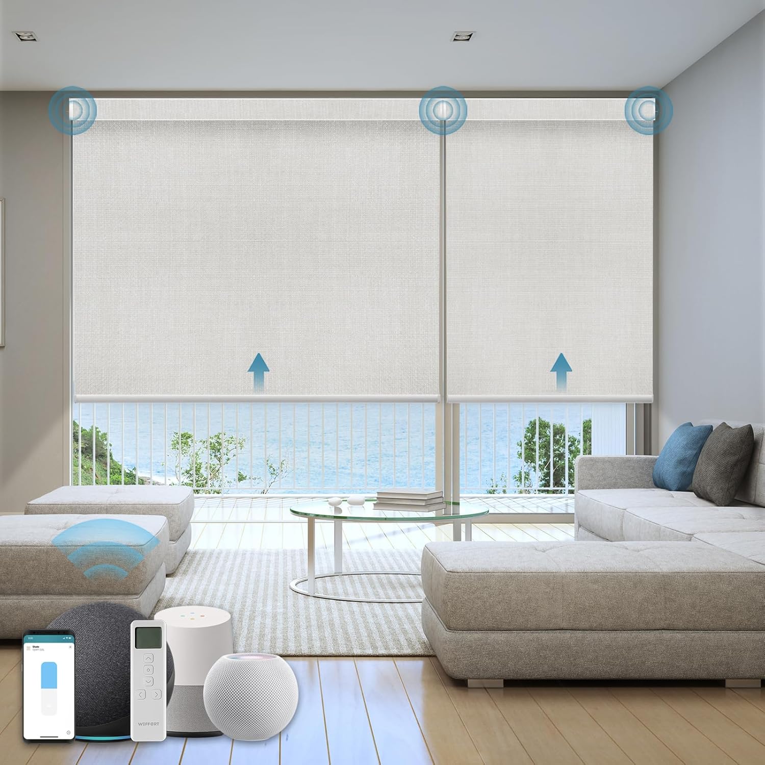 Motorized Roller Shade, 100% Blackout Smart Window Blinds Work with Homekit, Alexa, Google Home, Remote Control, Electric Blinds with USB/Solar Pannel Charging, Gentle White