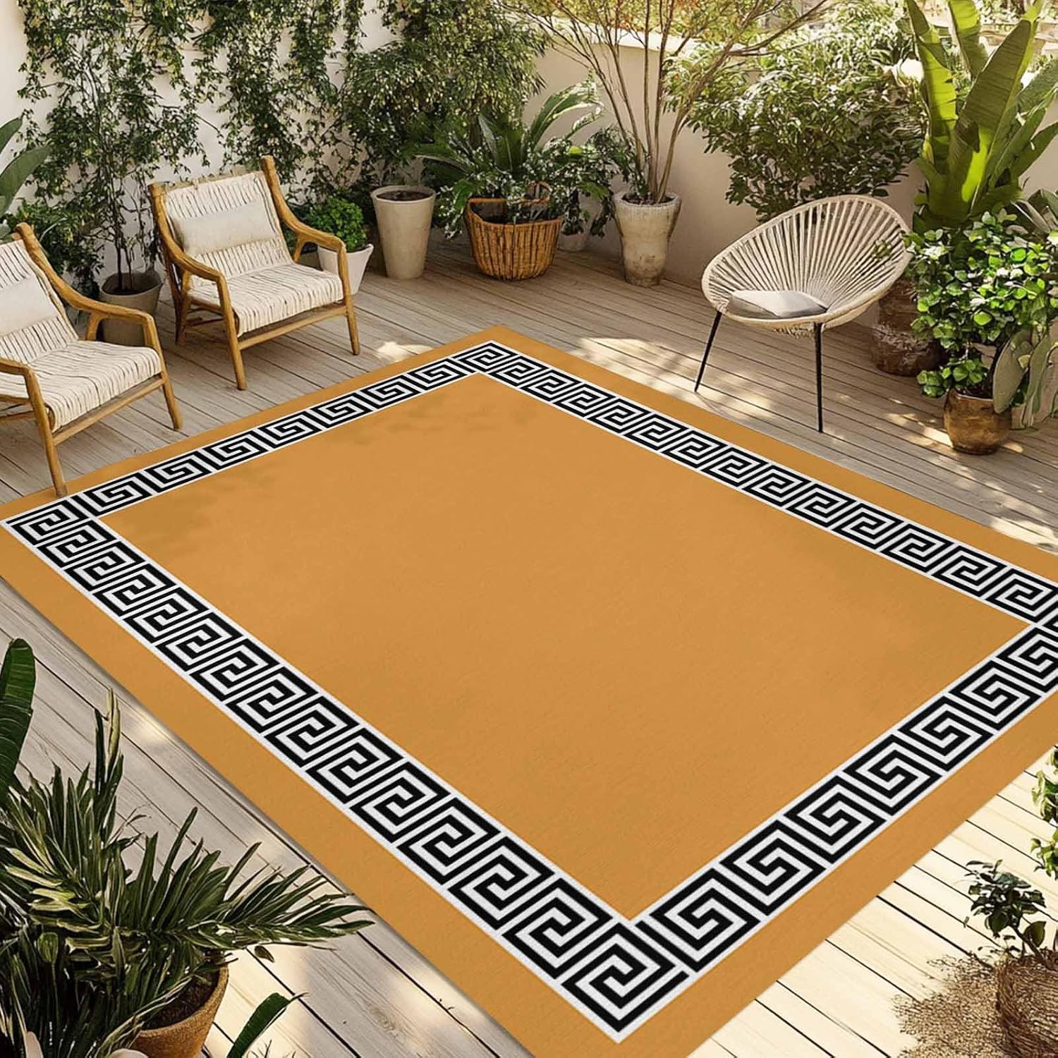 Outdoor Rug 4x6ft Modern Greek Geometric Art on Orange Patio Area Rugs Waterproof Easy Cleaning Non Shedding Thick Mats Geometric Carpet for Indoor Outdoor Porch Deck Backyard Balcony