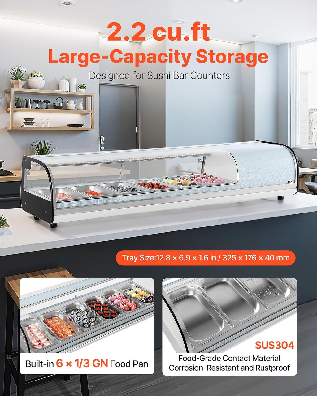 VEVOR Sushi Display Case Refrigerator, 2.2 Cu.ft Commercial Sushi Case, 6-Pan Countertop Showcase with Curved Glass, LED Lighting, and Digital Temperature Control, for Sushi-Bar, Restaurant, Store
