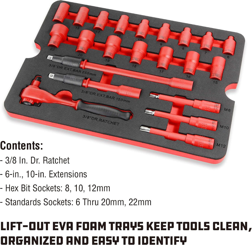 Powerbuilt 50 Pc.1000V Insulated Electricians VDE Tool Set with Waterproof Case, 3/8 in. Dr. Ratchet, 16 Pc. Socket Sizes 10-24mm, 10 Pc. Screwdriver, 6 Pc. Pliers - 240259