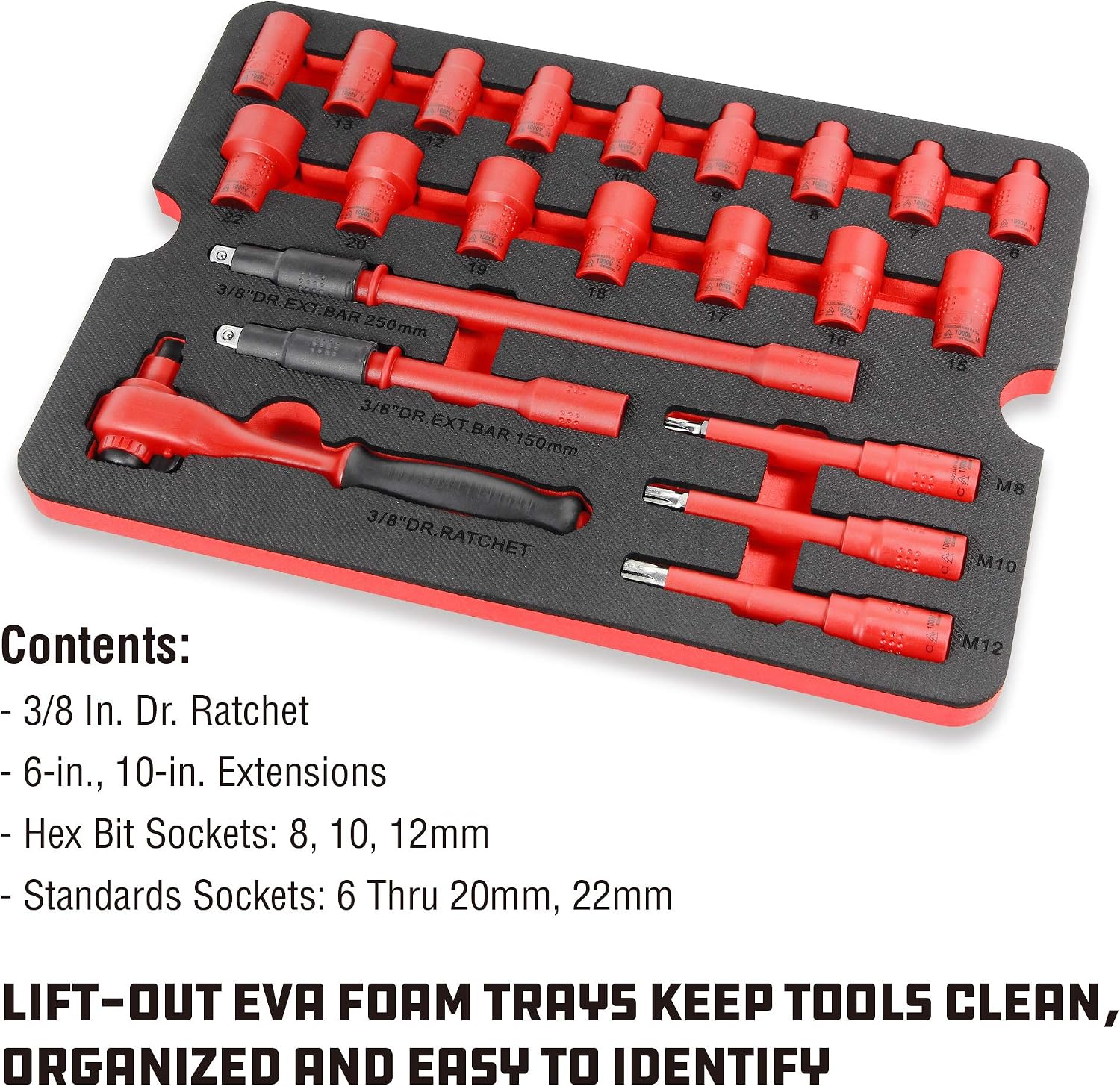 Powerbuilt 50 Pc.1000V Insulated Electricians VDE Tool Set with Waterproof Case, 3/8 in. Dr. Ratchet, 16 Pc. Socket Sizes 10-24mm, 10 Pc. Screwdriver, 6 Pc. Pliers - 240259