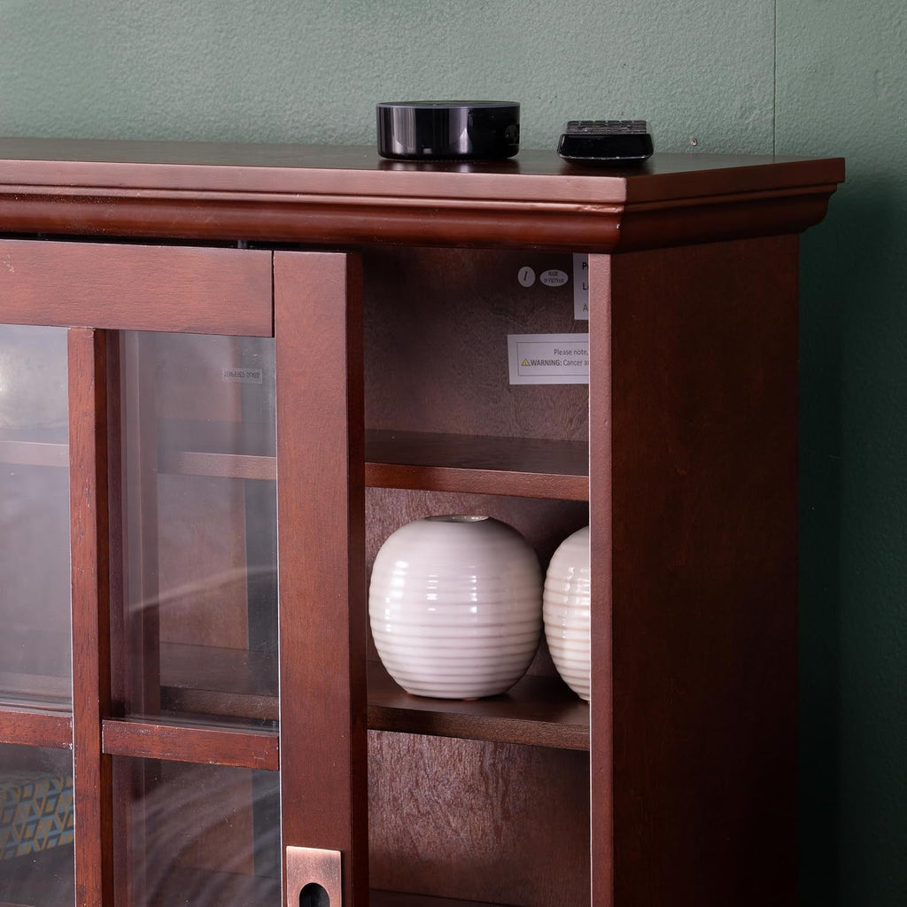 SEI Furniture - Media Cabinet with Sliding Doors - Espresso - Transitional Design, Brown Glass and Wood - Ideal for Home Office, Living Room (MS1071)