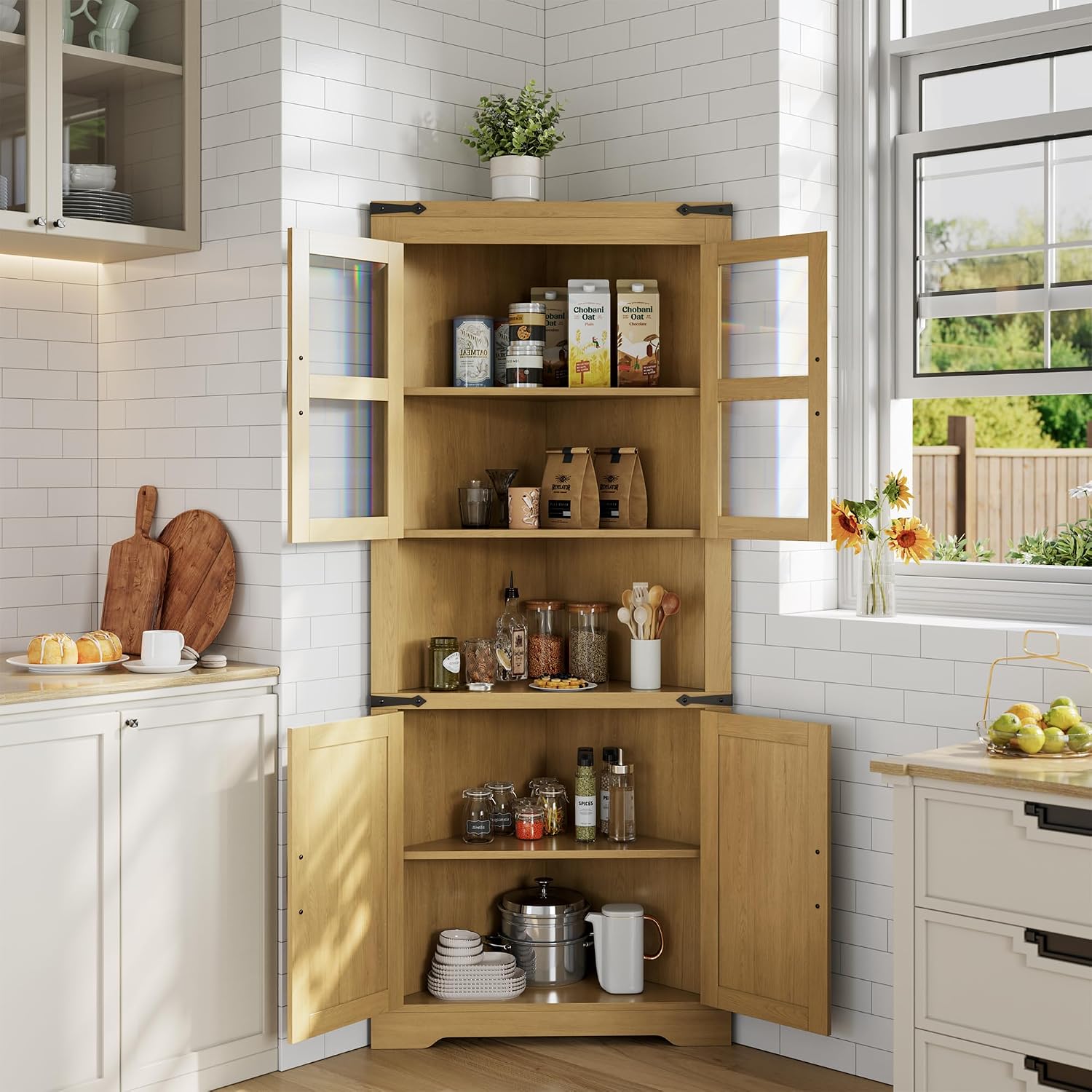 GarveeHome 67' Tall Corner Storage Cabinet, Farmhouse Corner Hutch Display Cabinet with Glass Doors, Wooden Storage Organizer for Kitchen, Living Room, Bathroom, Natural