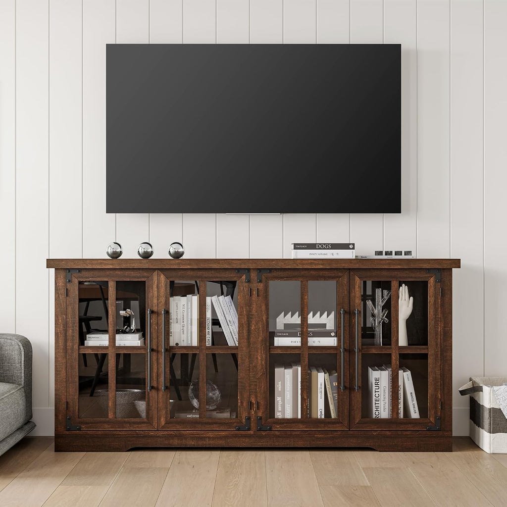 AMERLIFE Farmhouse 63' Buffet Sideboard Cabinet with Glass Door, Large Storage Cabinet with Adjustable Shelf, Wooden Coffee Bar Station for Kitchen, Dinning Room, Brown