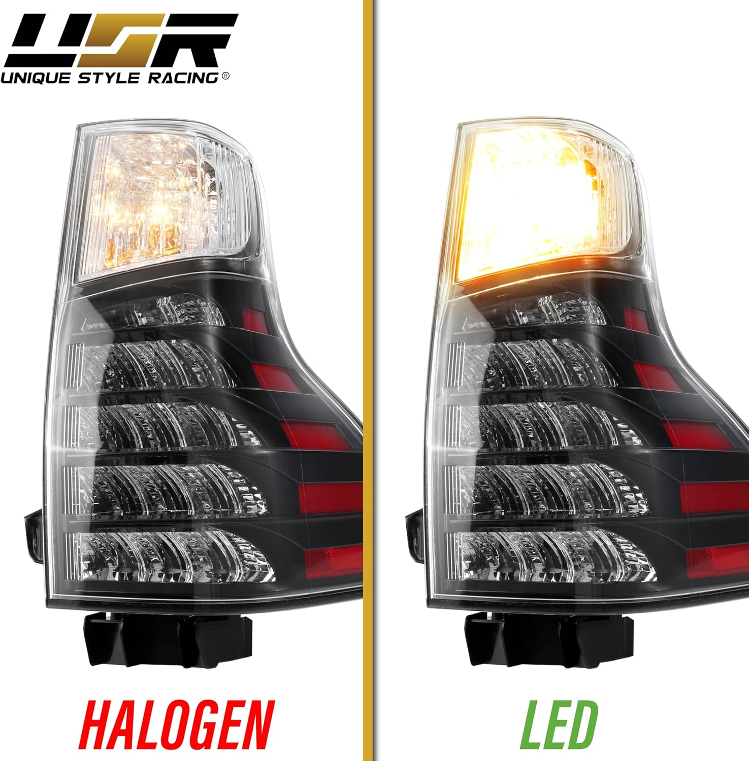 USR 10-23 9700 SUV Tail Light – with 4 LED Bulb Upgrade (Left + Right) Pair - Compatible with 2010-2023 Lexus GX460 All Models (OE F-SPORT STYLE BLACK HOUSING TAIL LIGHTS w/WIRE HARNESS & LED BULBS)