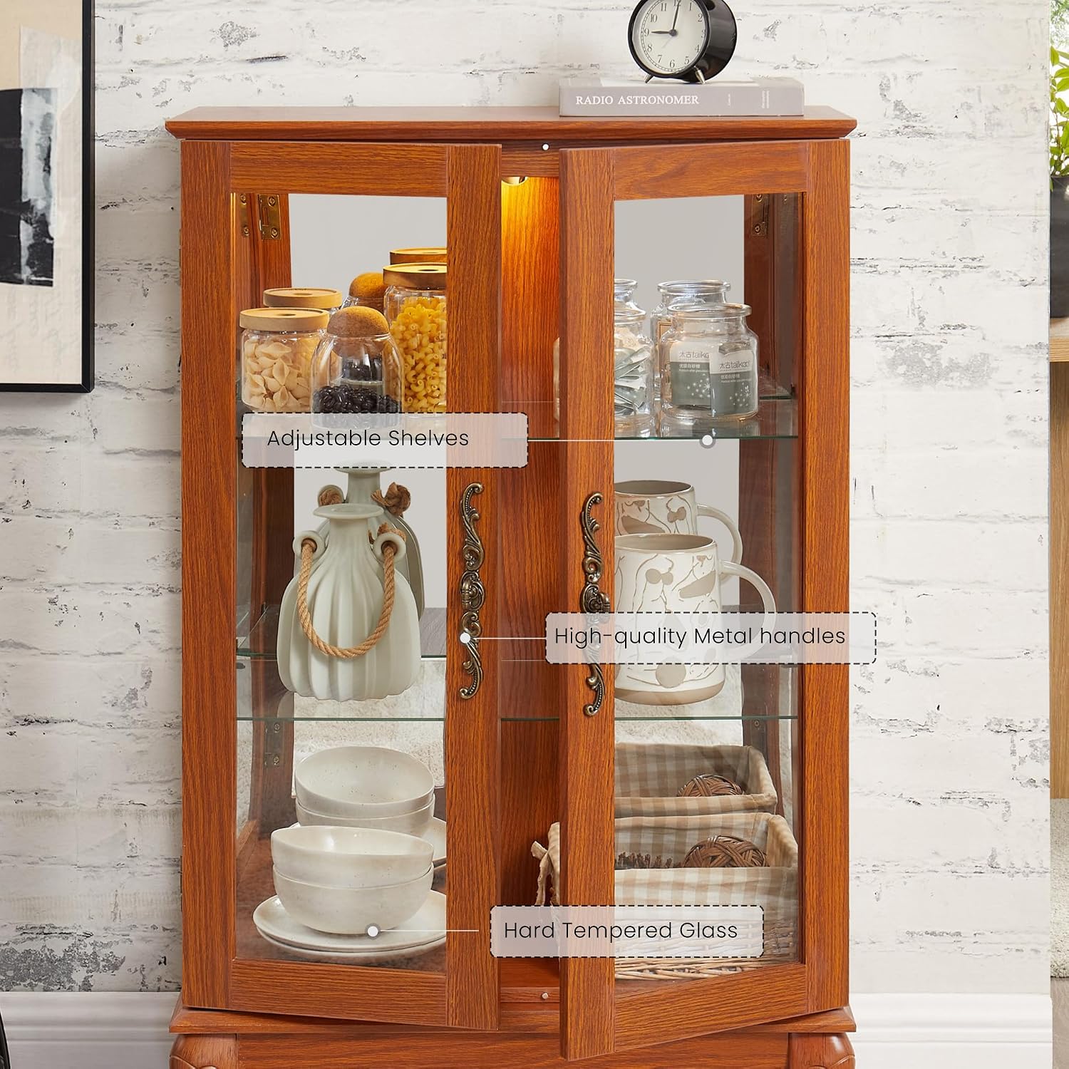 44' Small Lighted Glass Accent Curio Cabinet, Vintage China Cage with 2 Tempered Glass Doors & Adjustable Shelves, Acrylic Mirrored Pane, Elegant Wine Artwork Showcase Rack for Living Room (Dark Oak)