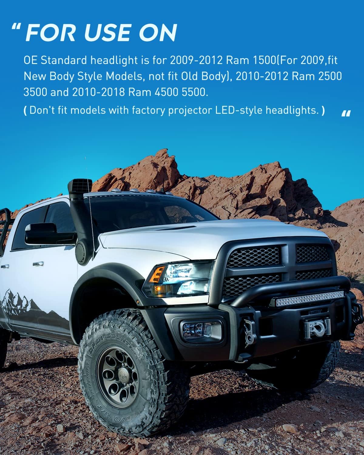 Nilight Headlight Assembly 2009 2010 2011 2012 2013 2014 2015 2016 2017 2018 Ram 1500 2500 3500 Pickup Quad Headlamp Assembly Replacement Black Housing Amber Corner Clear Lens,(Only for Quad Models)