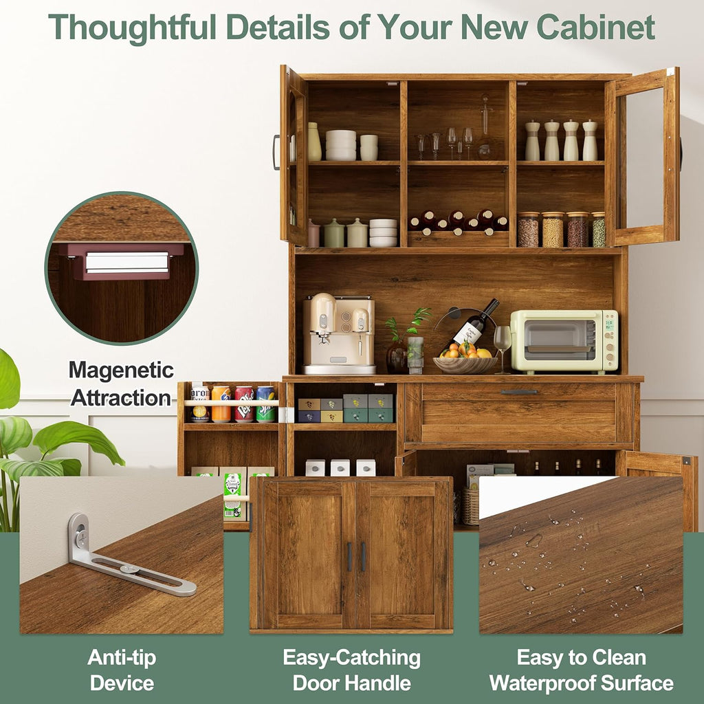 Shintenchi Kitchen Pantry Storage Cabinet, Freestanding Buffet Cabinet with Microwave Stand & 4 Door Shelves, Kitchen Hutch with Doors, Adjustable Shelves and Wine Rack, Brown