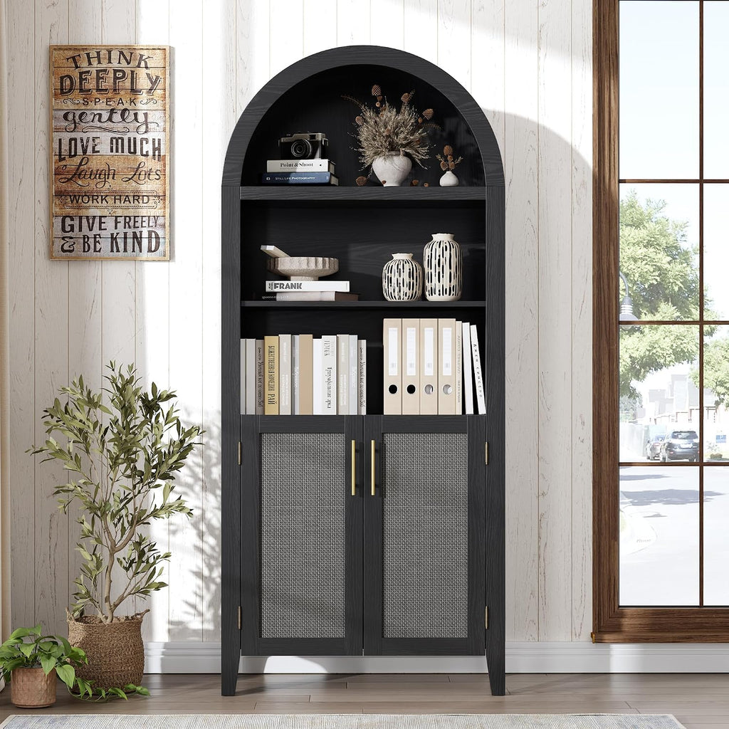 IDEALHOUSE Arched Kitchen Pantry Cabinet with Doors - 5-Tier Open Display Shelf with Rattan Decor, Farmhouse Storage Cabinet for Kitchen, Dining Room, Living Room, Black