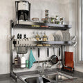 Loyalfire Over Sink Dish Drying Rack, 3 Tier Adjustable Length (20.87'' to 37.6'') Full Stainless Steel Large Storage Kitchen Dish Rack, Expandable Drainer Shelf Rack with Multifunctional Organizers