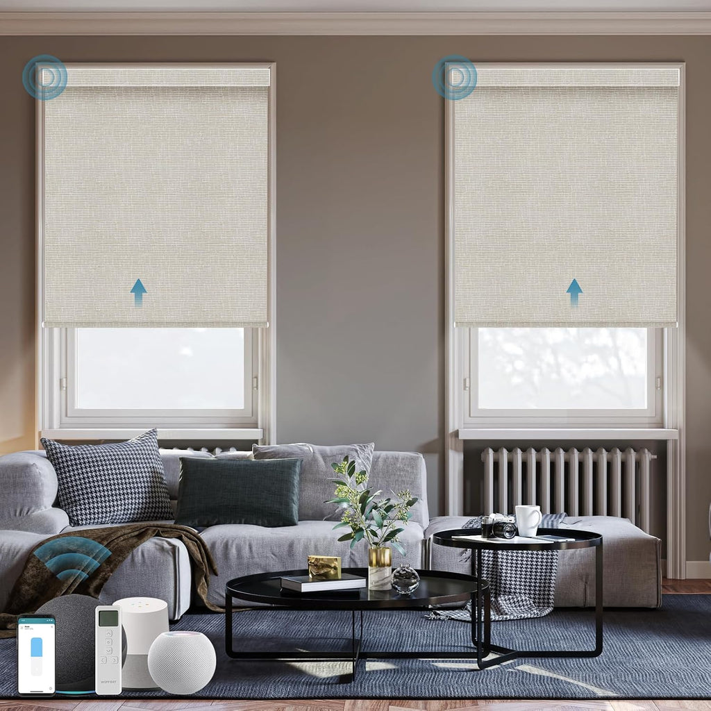 Motorized Roller Shade,100% Blackout Smart Window Blinds Work with Homekit, Alexa, Google Home, Remote Control, Electric Blinds with USB/Solar Pannel,Custom up110''Wx120''H,Texture Cream