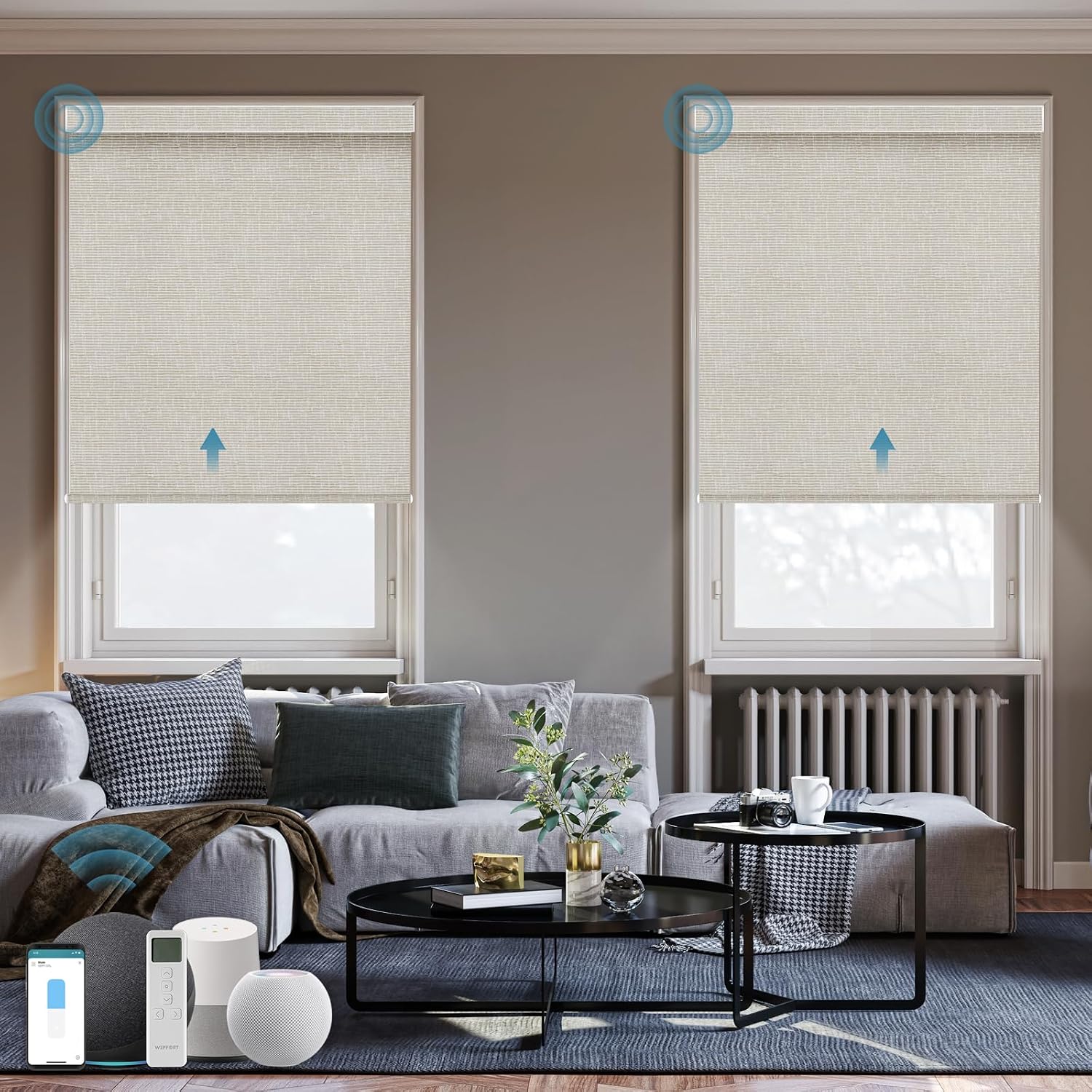 Motorized Roller Shade,100% Blackout Smart Window Blinds Work with Homekit, Alexa, Google Home, Remote Control, Electric Blinds with USB/Solar Pannel,Custom up110''Wx120''H,Texture Cream