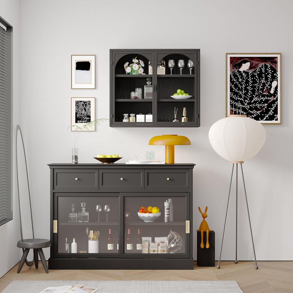 Retro Style Haze Double Glass Door Wall Cabinet with Detachable Shelves for Office, Dining Room,Living Room, Kitchen and Bathroom Mint Black