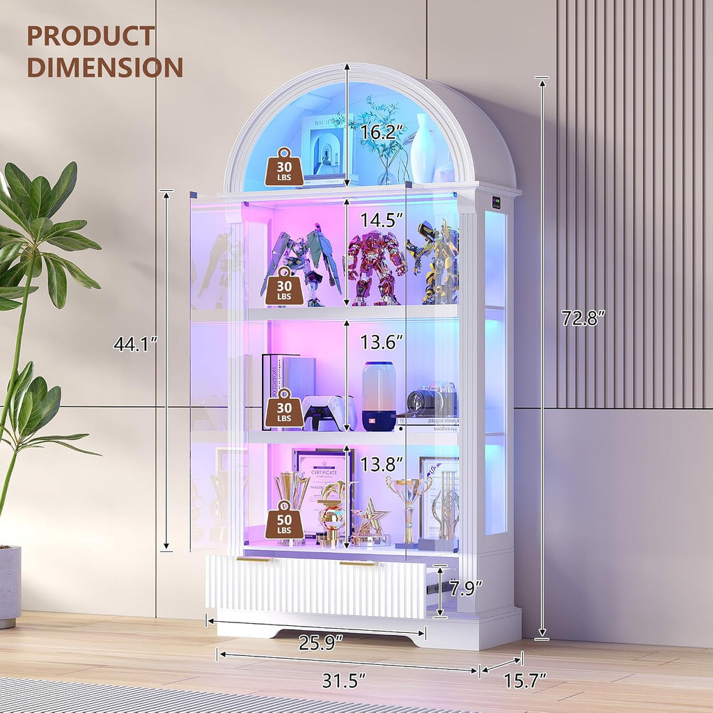 Dystler Curio Cabinet with RGB Lights, 72' Tall Arched Display Cabinet with Glass Doors, 4-Tier Large Shelf Display Case for Collectibles Bookcase Living Room, White