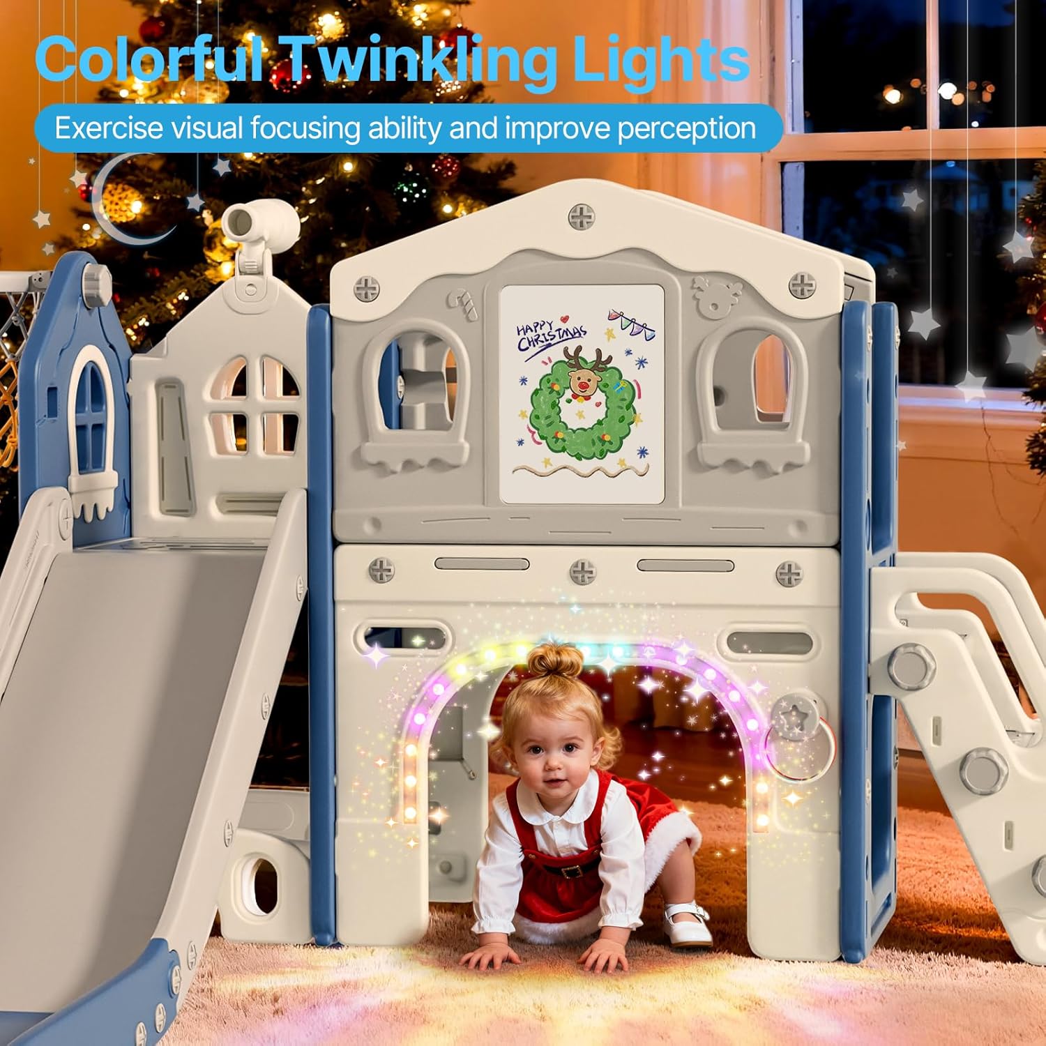 BIERUM 9 in 1 Toddler Slide Set - Baby Slide for Toddlers 1-3 with Colorful Lights, Drawing Board and Building Blocks Board, Indoor Outdoor Toddler Playset Playground, Blue Gray