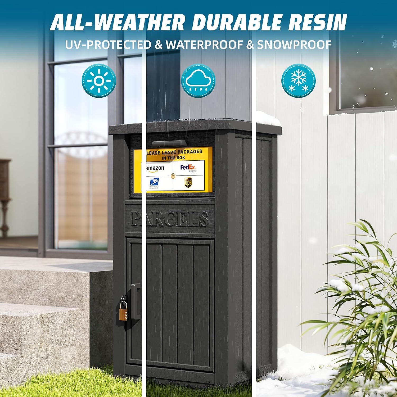 LHBGO Package Delivery Box with Sign, Lockable & Weatherproof Anti-Theft Parcel Delivery Box for Porch, Curbside, Patio，Black