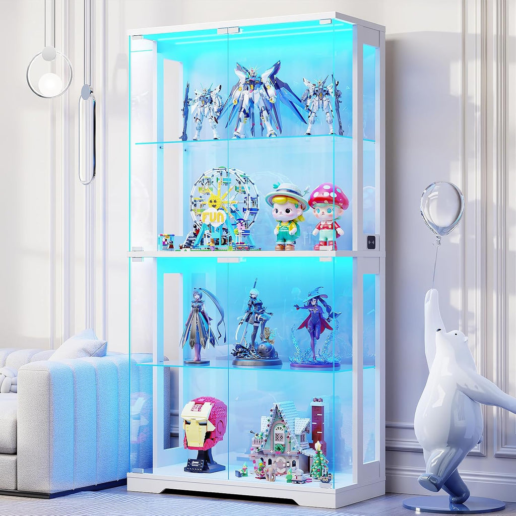 Display Cabinet with Glass Doors, 4-Tier Curio Cabinet with Transparent Full-Display Surface, 65' Glass Display Case with 3 Color Lights for Collectibles, Clear Case with Human Sensor White