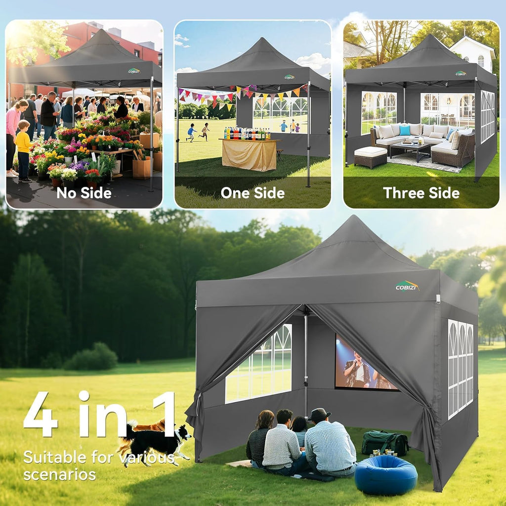 COBIZI 10x10 Pop up Canopy Tent Heavy Duty, Easy Set-up Commercial Outdoor Party Tent, 100% Waterproof Wedding Tents Gazebo, 3 Height Adjustable with Wheeled Bag, Gray