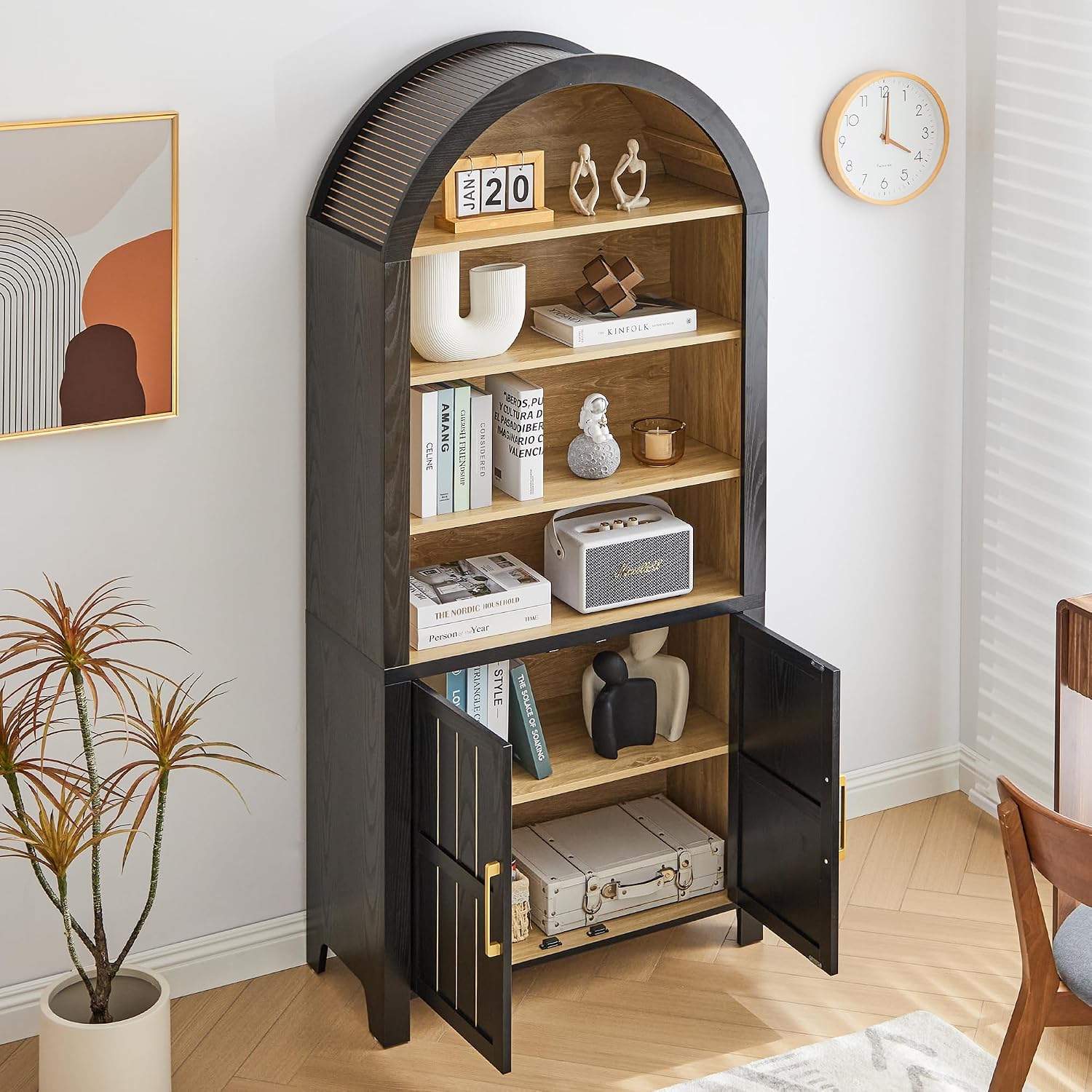 71' Tall Arched Bookcase, Arch Bookshelf with Doors , Modern Farmhouse Book Shelf Storage Cabinet with Adjustable Shelves, Wood Bookshelf w/Open Display for Living Room, Office Decor (Black/Natural)
