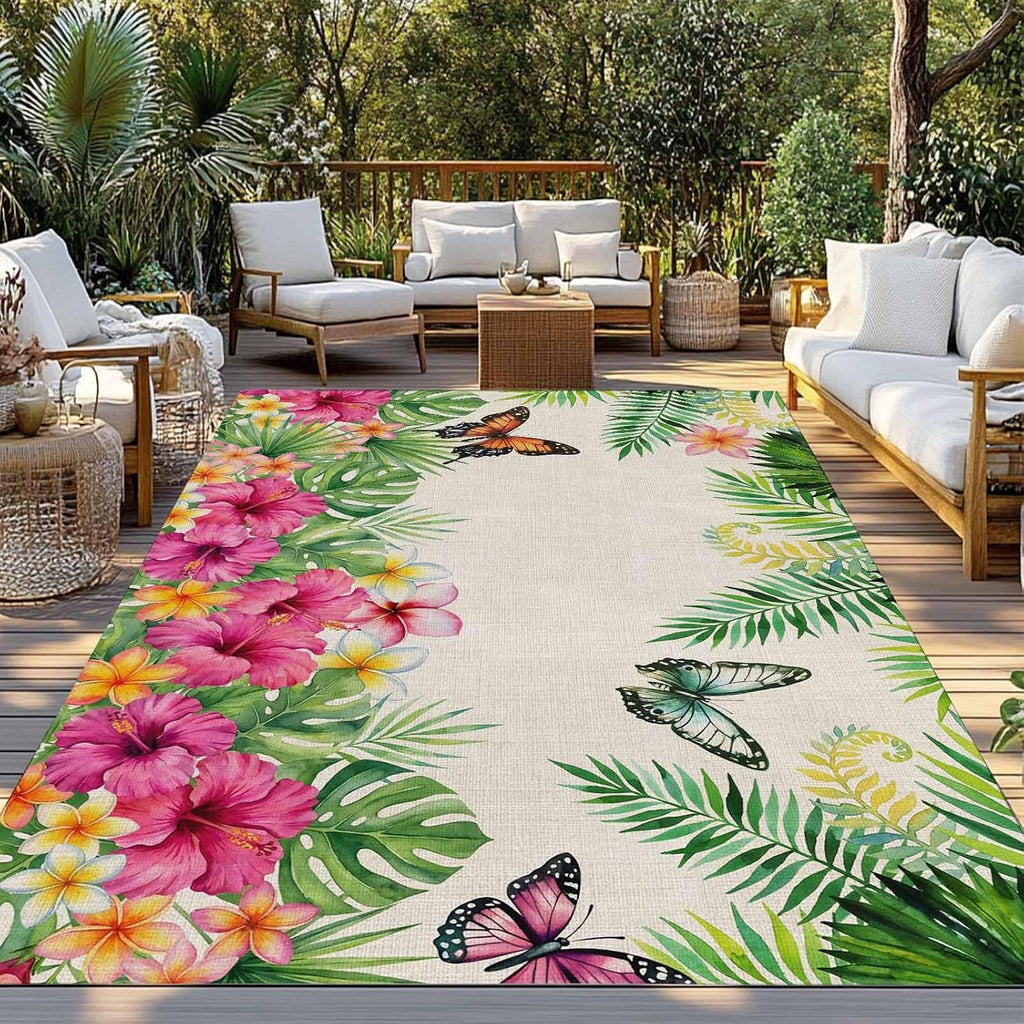 Outdoor Rug 6x9ft Vintage Tropical Plants Butterflies Patio Area Rugs Waterproof Easy Cleaning Non Shedding Thick Mats Gardenia Flower Carpet for Indoor Outdoor Porch Deck Backyard Balcony