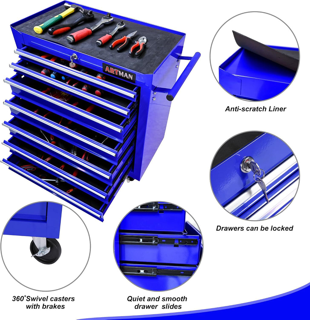 7 Drawers Tool Cart on Wheels, 7 Drawer Rolling Tool Chest with Key Lock, Trolley Organizer Tool Case, Multifunctional Rolling Tool Box for Garage,Warehouse,Workshop,Repair Shop (Blue)