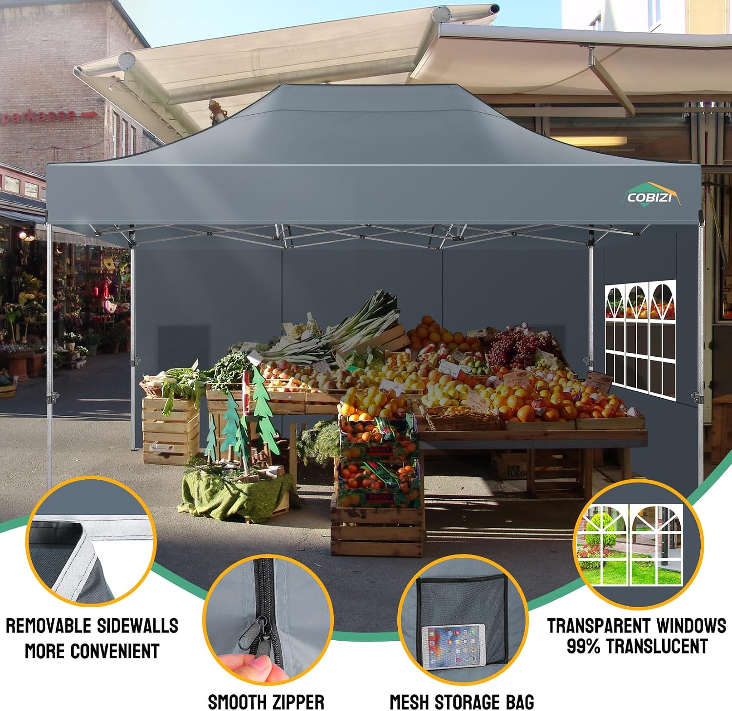 COBIZI 10x15 Pop up Canopy Tent Heavy Duty, Easy Set-up Commercial Outdoor Party Tent, 100% Waterproof Wedding Tents Gazebo, 3 Height Adjustable with Wheeled Bag, Gray