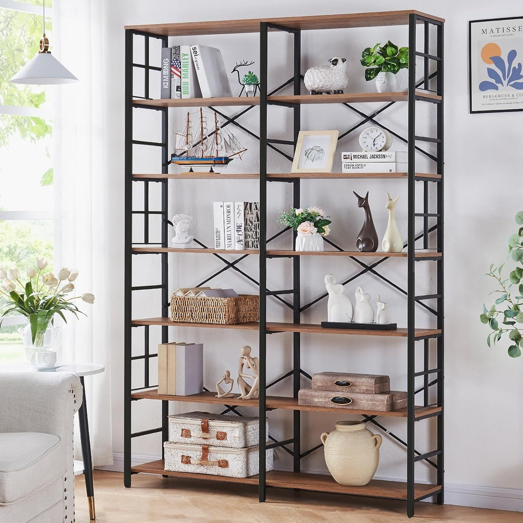 HOMISSUE Bookshelf, Industrial Double Wide 7-Tier Bookshelves, 84' Tall Bookcase with Open Shelves, Heavy Duty Bookcases with Storage for Living Room Home Office, Rustic Brown