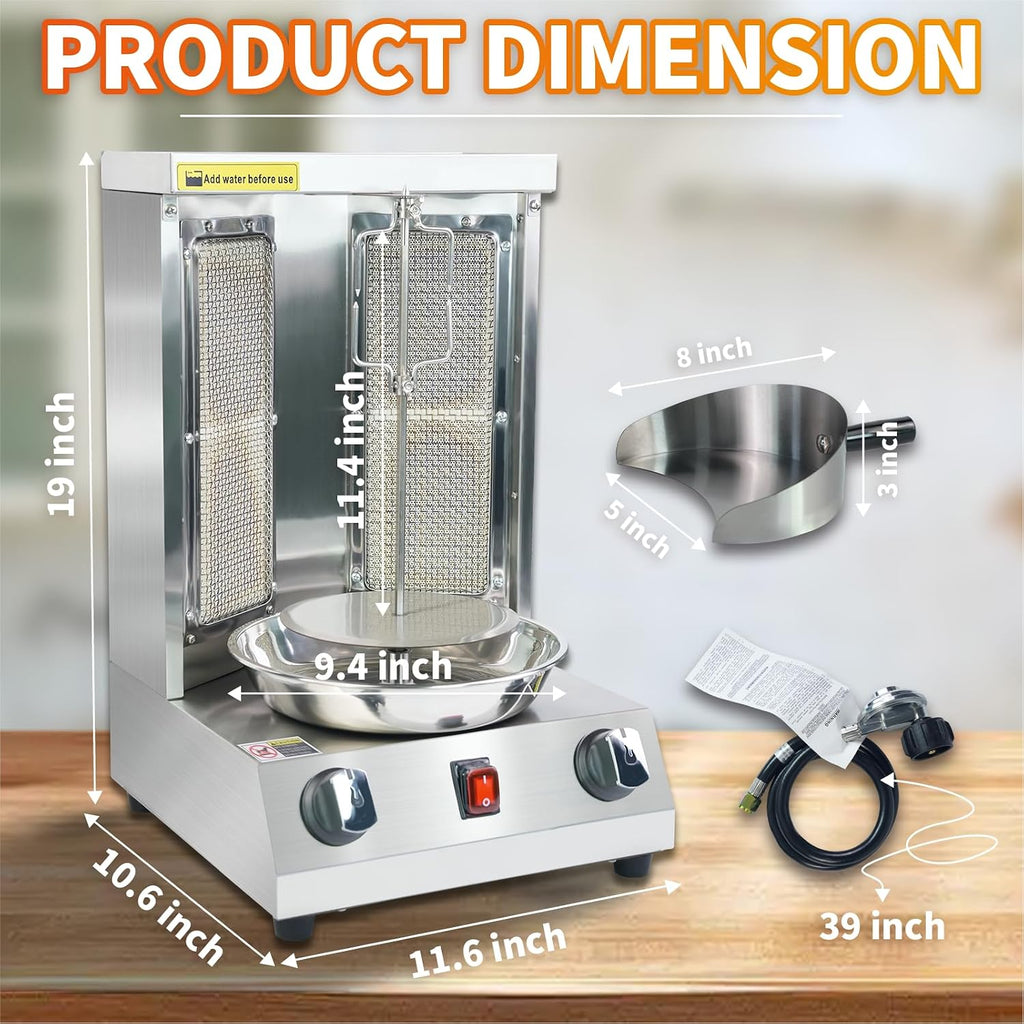 Shawarma Grill Machine - 15 lbs Capacity, Gas Vertical Rotisserie with 2 Burner, Stainless Steel Rotating Doner Kebab Gyro Meat Machine for Home, Kitchen