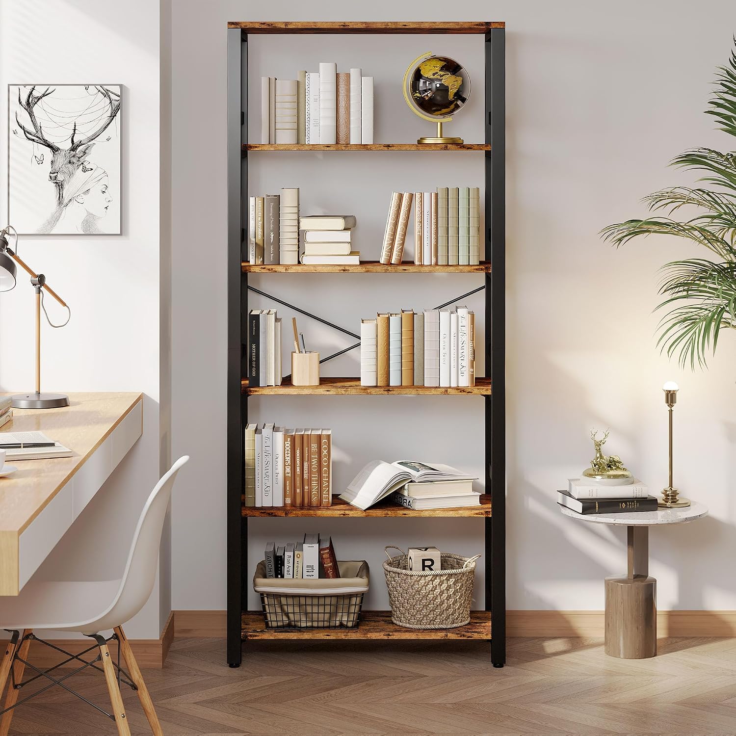 IRONCK Bookshelf, 31.5in Wide Shelf 6 Tier Bookcase, 110lbs/shelf Vintage Industrial Style Bookshelves for Bedroom, Living Room and Home Office, Vintage Brown