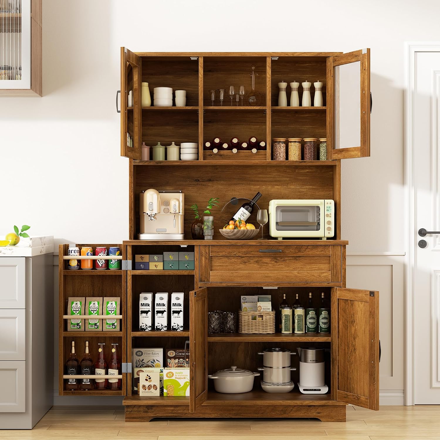 Shintenchi Kitchen Pantry Storage Cabinet, Freestanding Buffet Cabinet with Microwave Stand & 4 Door Shelves, Kitchen Hutch with Doors, Adjustable Shelves and Wine Rack, Brown