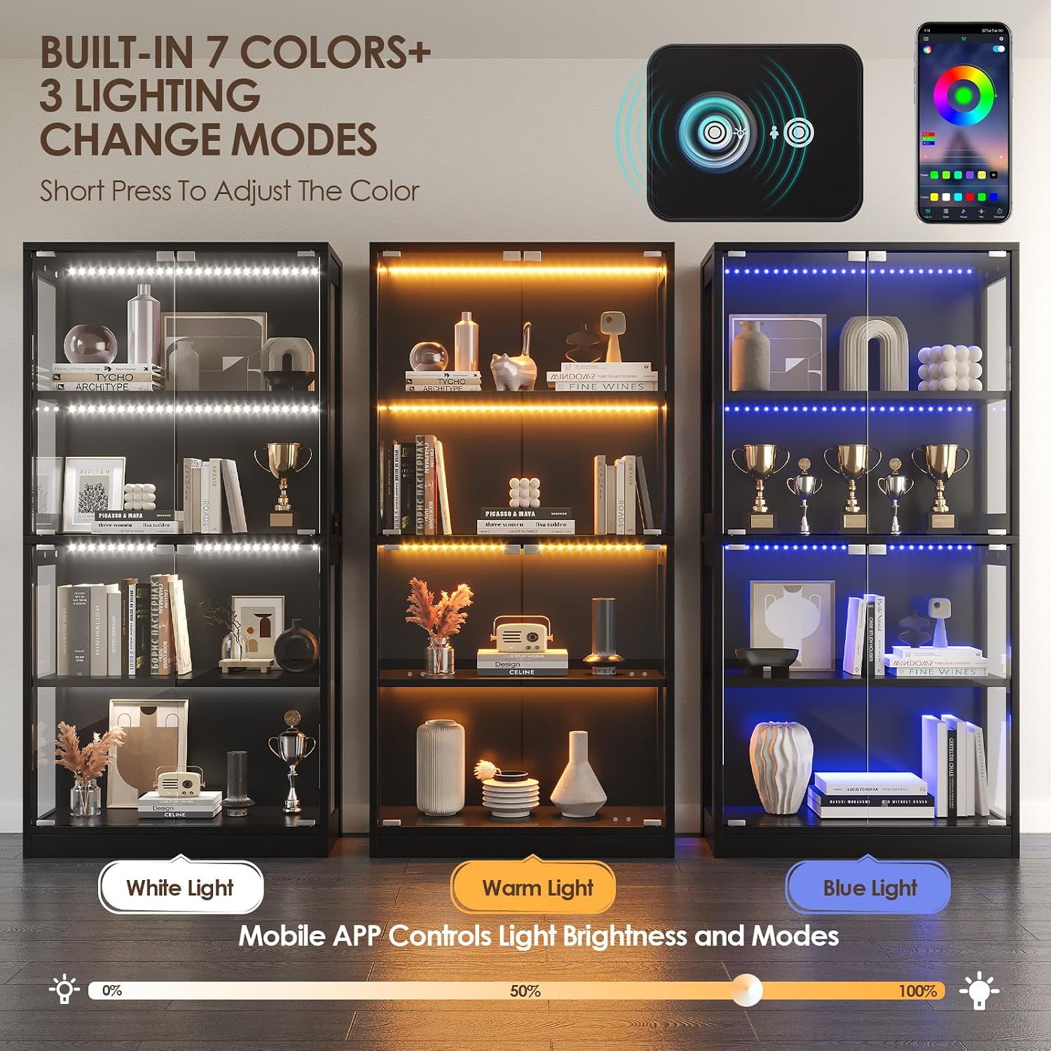 Display Cabinet with Glass Doors 4-Tier, Bookcase with Doors 7 Vibrant Colors 3 Dynamic Lighting Modes, HD Glass Storage Cabinet with Human Body Sensor for Curio, Trophy, Collectibles (Black)