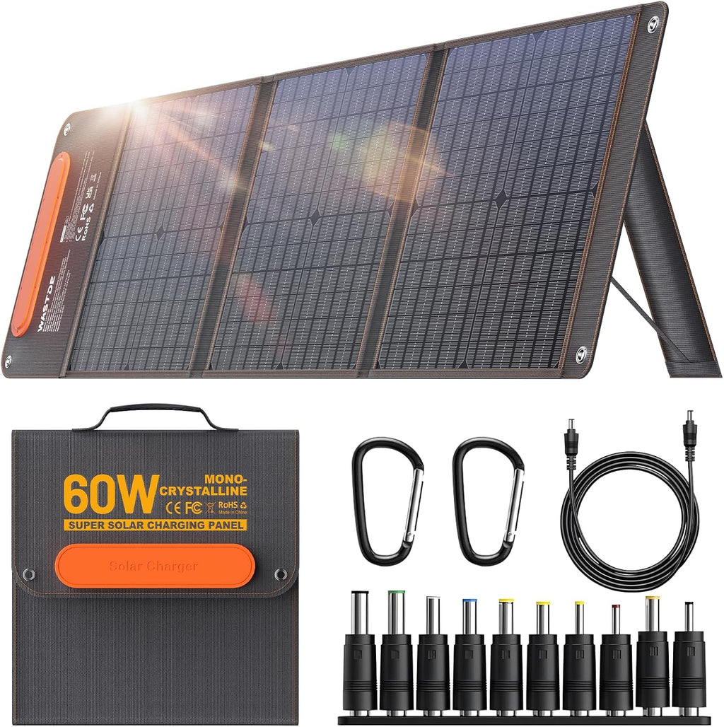 60W Portable Solar Panel Chargers with 15V USB and 18V DC, IP65 Waterproof Solar Panel with Lightweight Storage Bag, Fast Charging Foldable Panel Power Bank for Camping,Hiking, Cell Phone,Tablet
