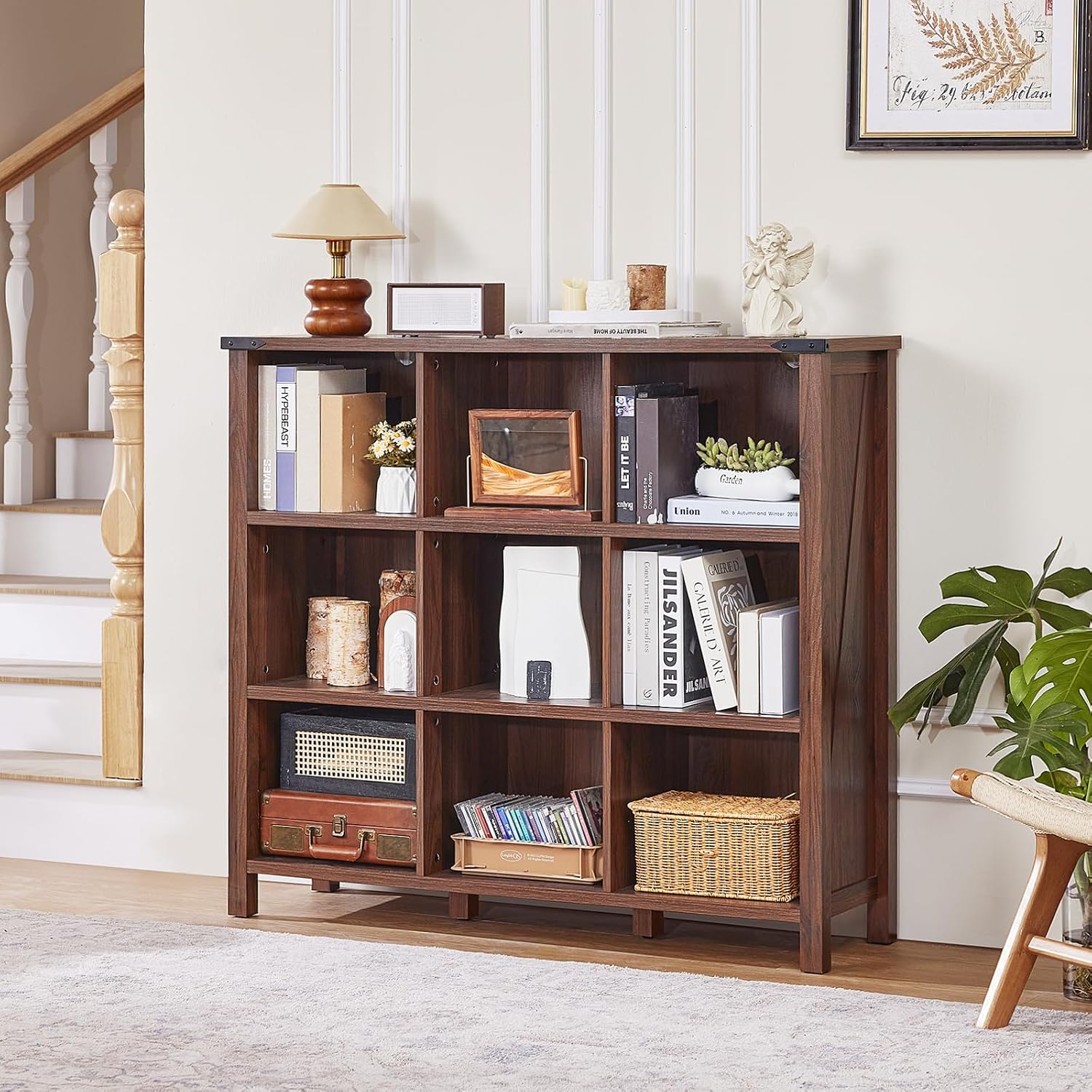 Joaxswe 9 Cube Bookcase, Farmhouse 47 Inch Wide Brown Walnut Bookshelf, Wooden 3 Tier Display Large Open Book Shelf, Vintage Horizontal Book Case for Home Office, Cubby Storage Cabinet for Living Room
