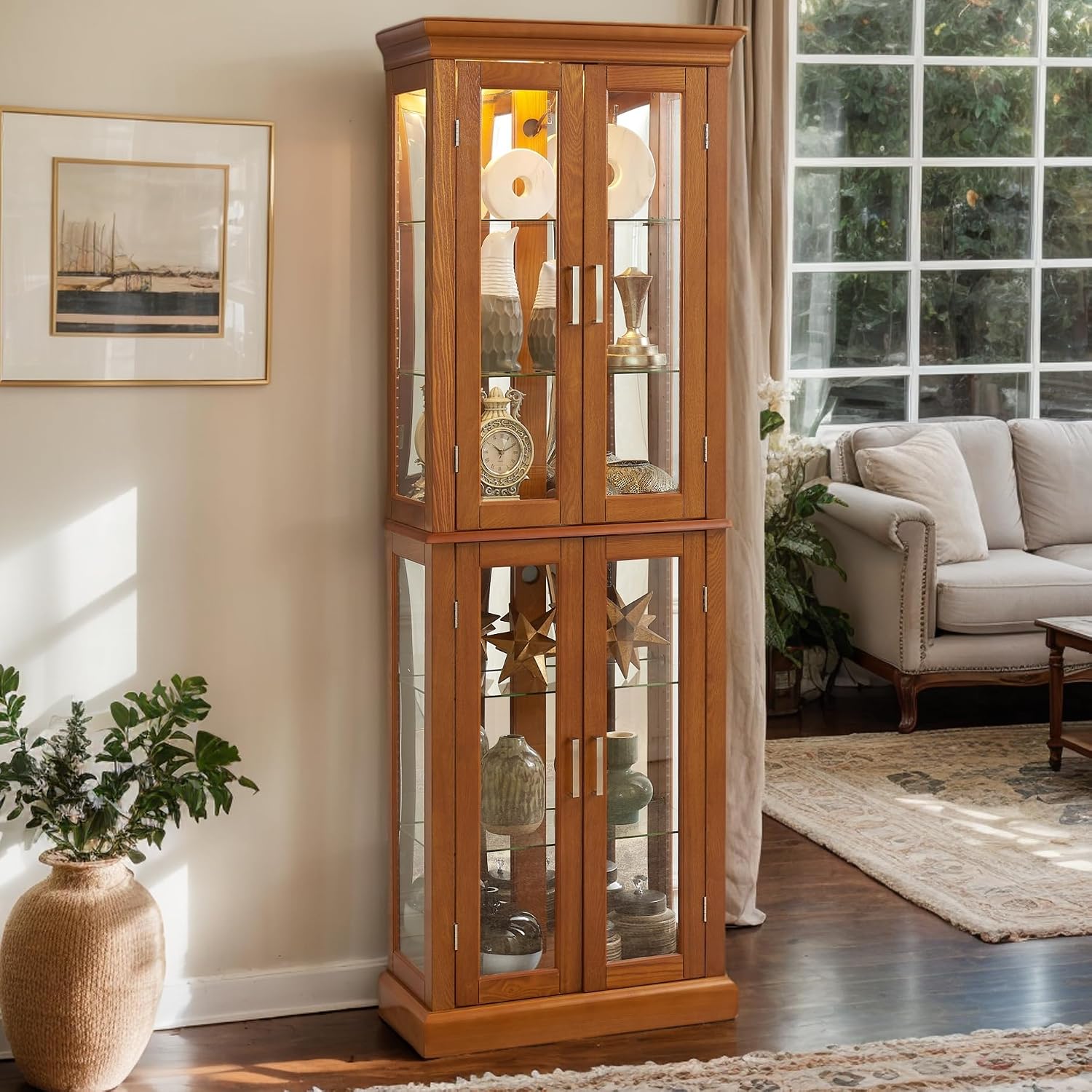 Lighted Curio Cabinet 70' Glass Display Case with Adjustable Shelves Vintage, Wooden Wine Bar Cabinet with 6 Shelves for Living Room Liquor Storage (E26 Light Bulb not Included) (Oak)