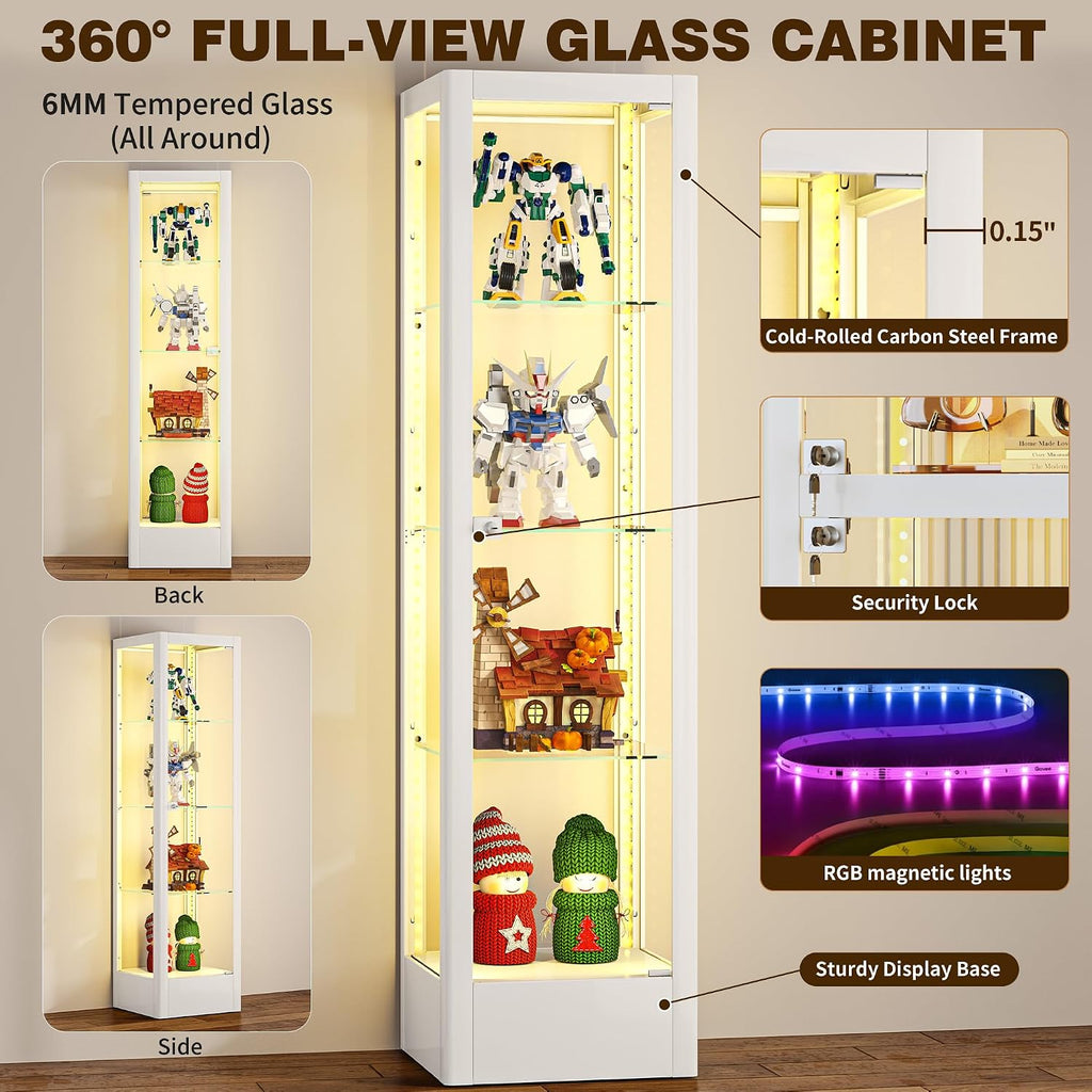 Glass Display Cabinet with Lock & 13 Color Light, Lighted Corner Curio Cabinet with Glass Door & Adjustable Shelves, Metal Display Case for Collectibles Figures Wine China, 15.7' W White