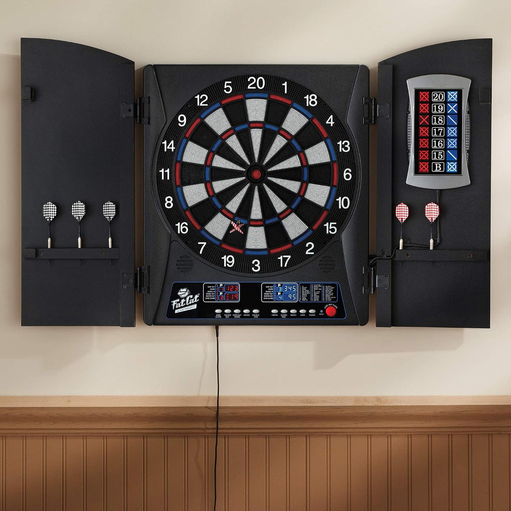 Fat Cat Mercury Electronic Soft Tip Dartboard with Cabinet, 13.5 in Target, 28 Games, 6 Darts Included, Black