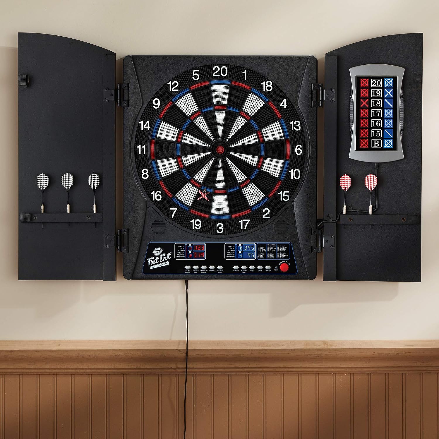 Fat Cat Mercury Electronic Soft Tip Dartboard with Cabinet, 13.5 in Target, 28 Games, 6 Darts Included, Black