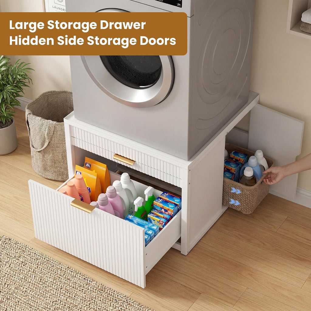 DTK Laundry Workstation Washer Dryer Pedestal with Pull-Out Laundry Basket Shelf,Washer and Dryer Stand with Storage Drawer,Waterproof Steel Top&Anti-Slip Base Fits Most Washing Machines and Dryers