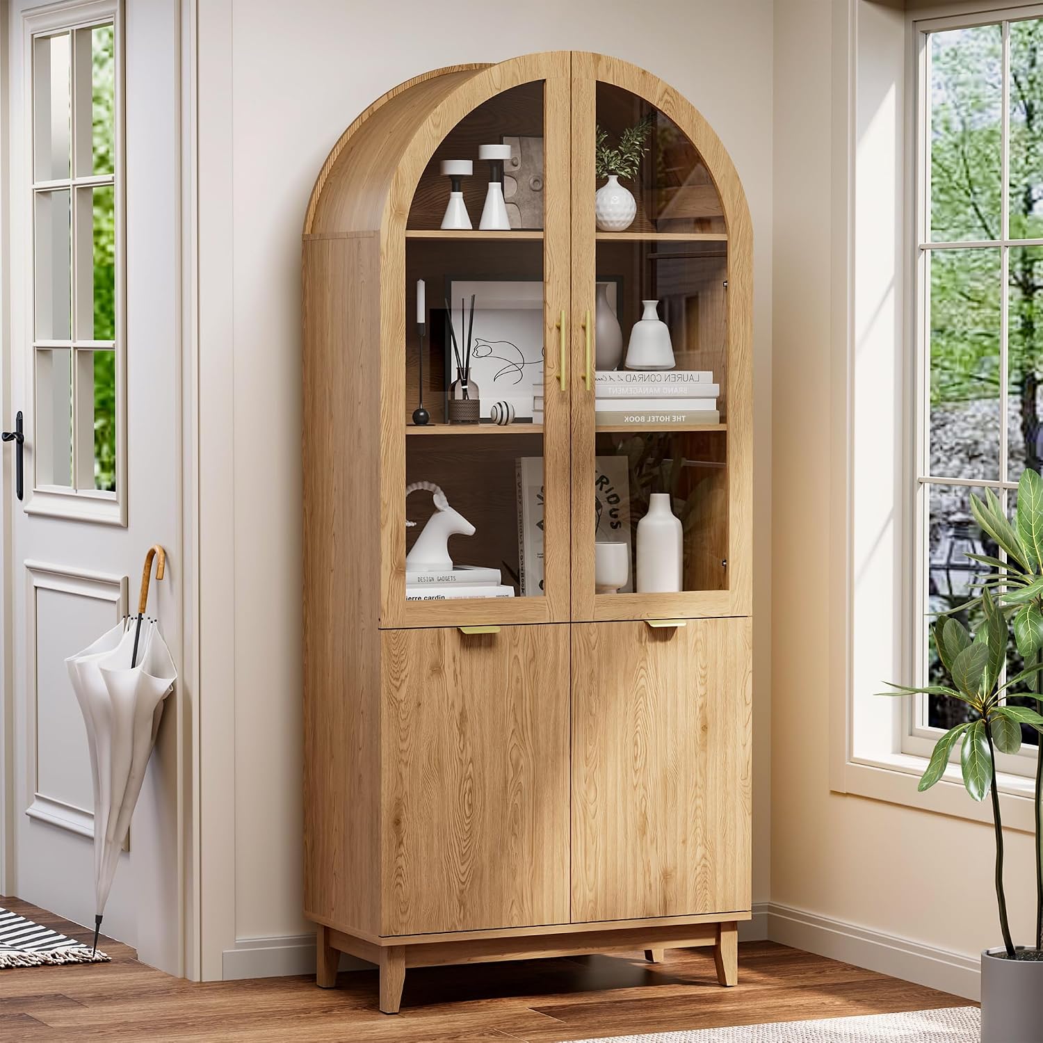 Pamapic 71' Tall Arched Cabinet, Fluted Kitchen Pantry with Glass Doors & Adjustable Shelves, Arch Storage Cabinet, Wooden Pantry for Dining Room, Living Room (Natural)