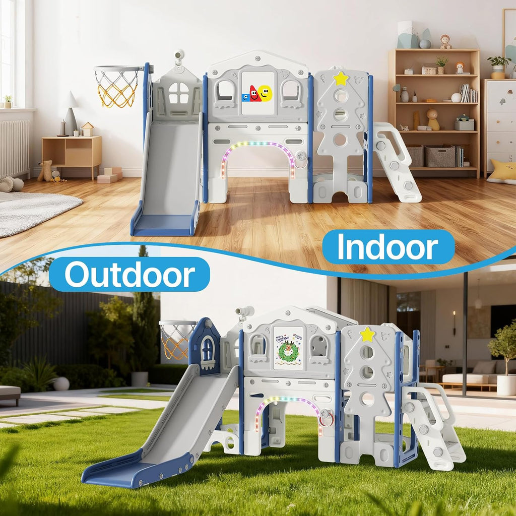 BIERUM 10 in 1 Toddler Slide Set - Baby Slide for Toddlers 1-3 with Colorful Lights, Drawing Board and Building Blocks Board, Indoor Outdoor Toddler Playset Playground, Blue Gray