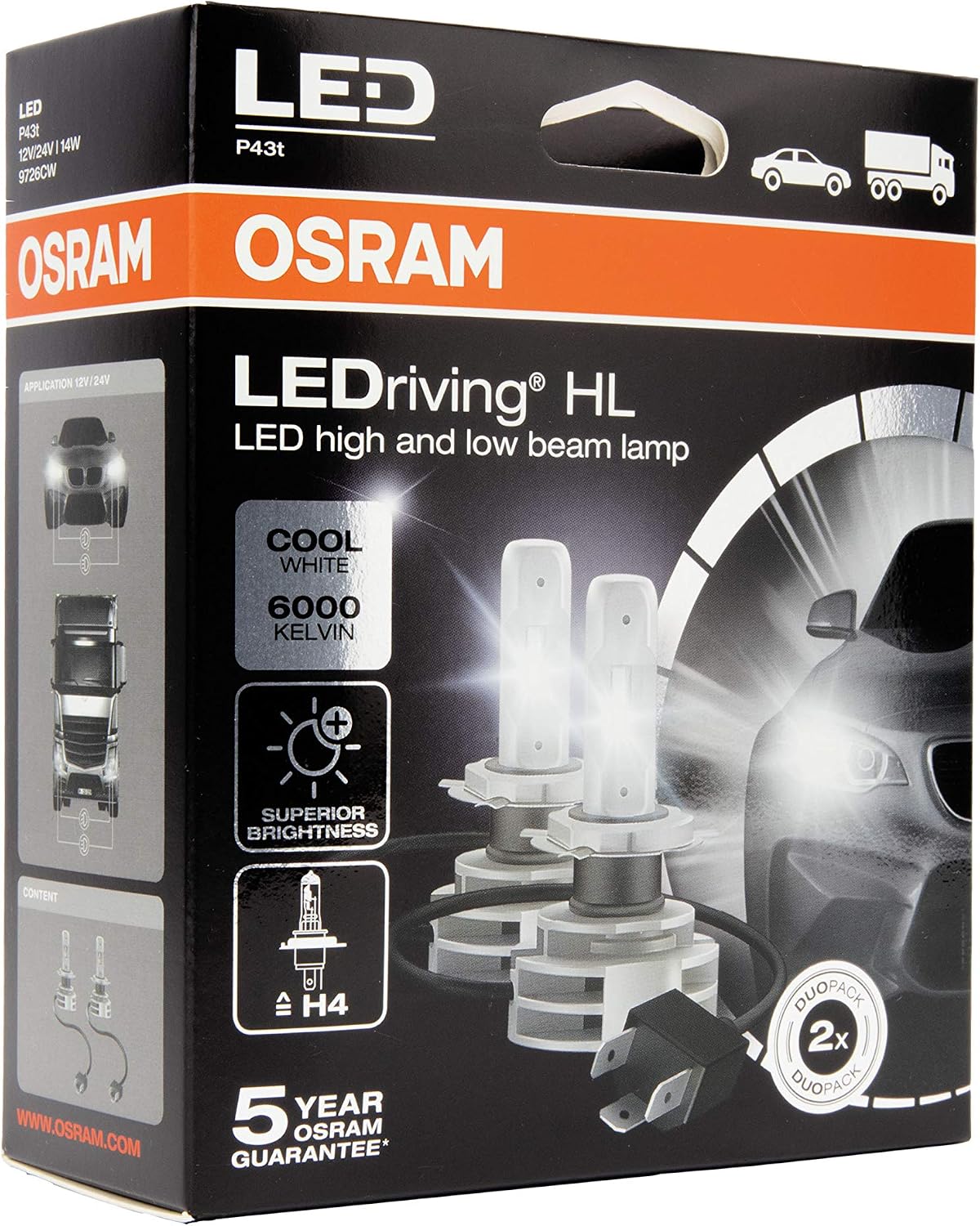OSRAM LEDriving® HL Gen2, ≜H4, LED High/Low Beam Lamps, Off-road only, non ECE, Folding Carton box (2 units), white