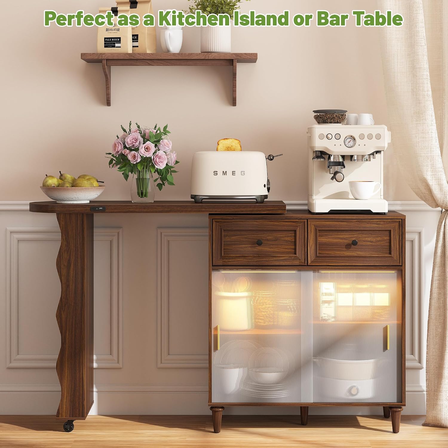 69' Kitchen Island with 360° Rotating Table, Bluetooth Speakers, LED Lighting, Adjustable Shelves, Storage Cabinet & Power Outlet – Walnut Finish Extendable Dining Table for Kitchen, Dining Room, Bar