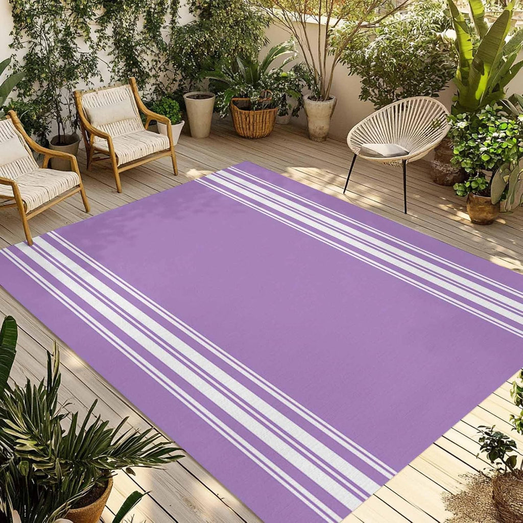 Outdoor Rug 4x6ft Pastoral Country Style White Stripes Patio Area Rugs Waterproof Easy Cleaning Non Shedding Thick Mats Purple Carpet for Indoor Outdoor Porch Deck Backyard Balcony