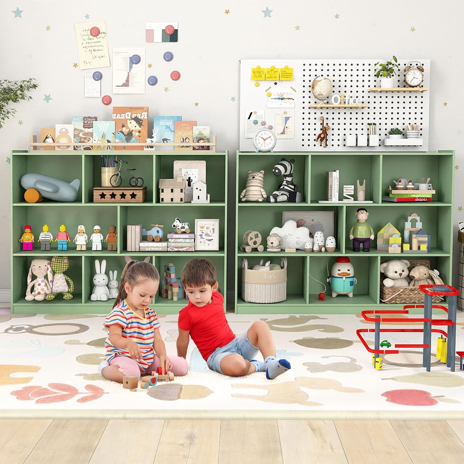 HONEY JOY Kids Toy Storage Organizer, 8-Section Storage Daycare Shelf for Preschool, Children 3-Tier Open Wooden Display Book Shelf Organizer for Classroom, Playroom & Nursery, Kindergarten (Green)
