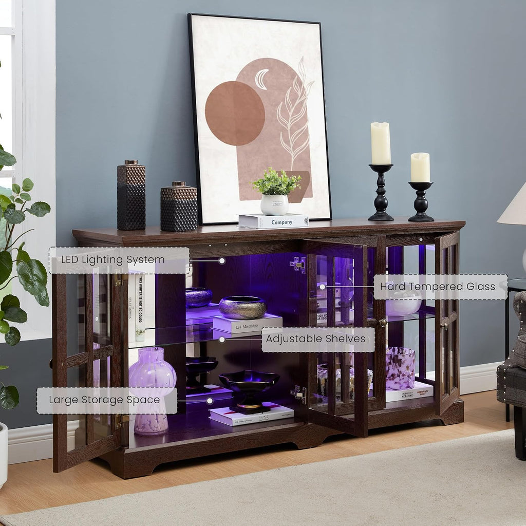 59' W LED Curio Cabinet with 7 Color Lights, Vintage Glass Display Case with Glass Doors, Smartphone-Controlled, Short Wooden China Cabinet with Adjustable Shelves for Entryway(Dark Cherry)