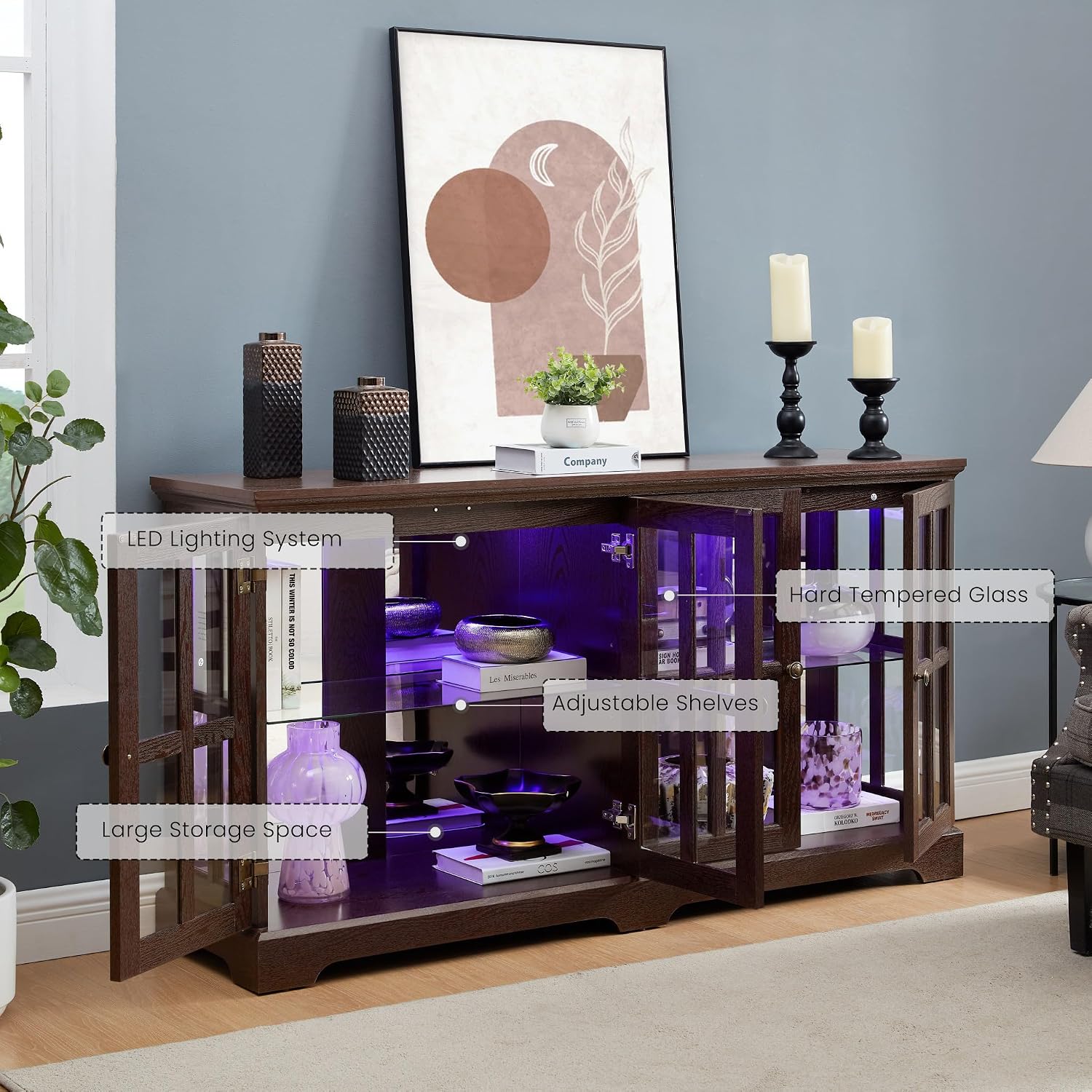 59' W LED Curio Cabinet with 7 Color Lights, Vintage Glass Display Case with Glass Doors, Smartphone-Controlled, Short Wooden China Cabinet with Adjustable Shelves for Entryway(Dark Cherry)