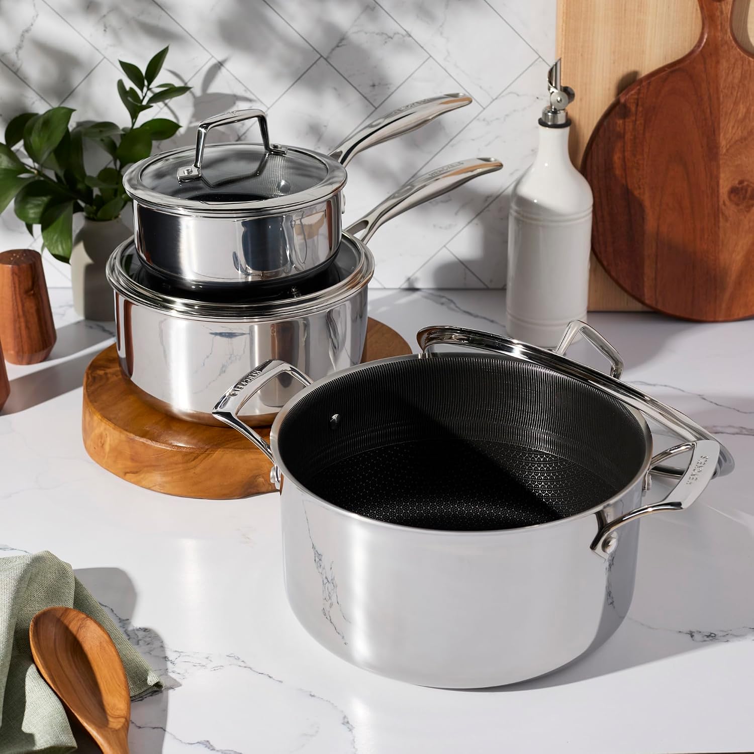Henckels Paradigm Stainless Steel 6 pc Cookware Set, Tri-Ply Ceramic Nonstick Cookware with Dutch Oven, Non Toxic Induction Cookware Set, Metal-Utensil & Dishwasher Safe