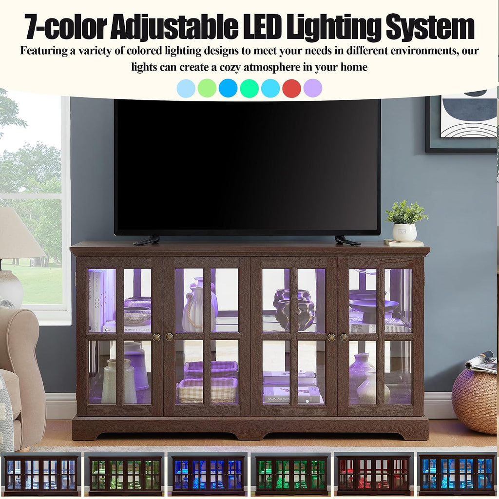 4 Door Curio Display Cabinet w/LED Light & Adjustable Shelves,59' Multipurpose Tableware Display Sideboard w/Mirrored Back Pane,Glass Storage TV Stand for Kitchen & Living Room (Cherry)